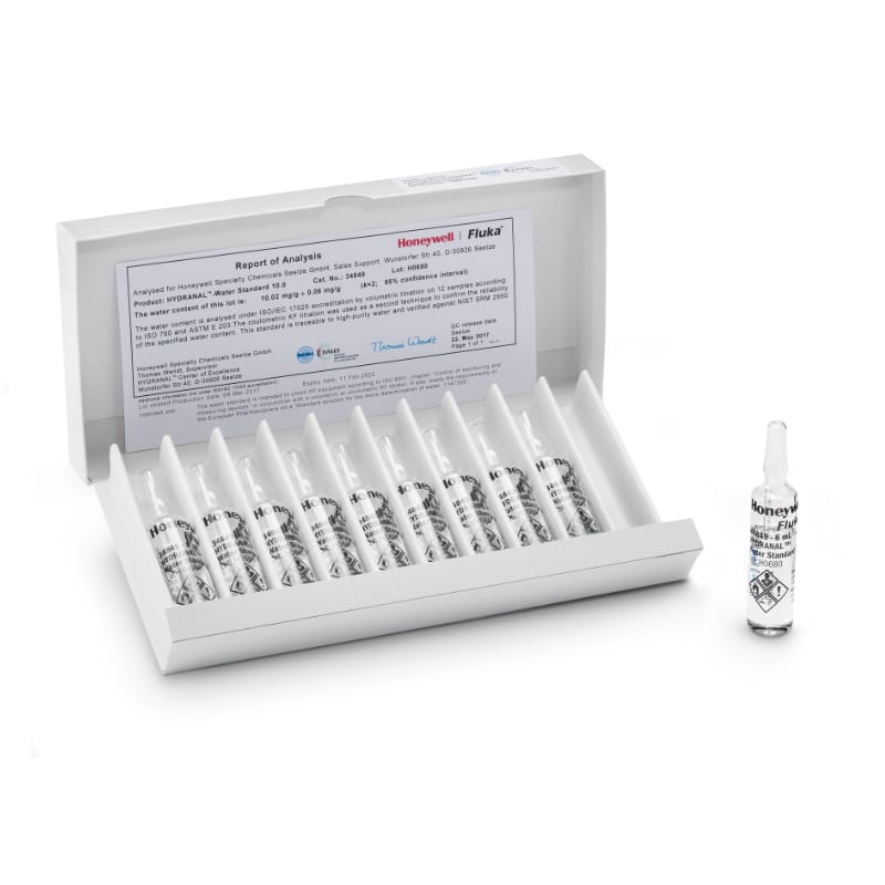 HYDRANAL™ - Water Standard 0.1 PC, Standard for Karl Fischer titration (water content 0.1 mg/g = 0.01%), verified against NIST SRM 2890 & NMIJ CRM 4222, Box contains 10 glass ampoules of 4 mL